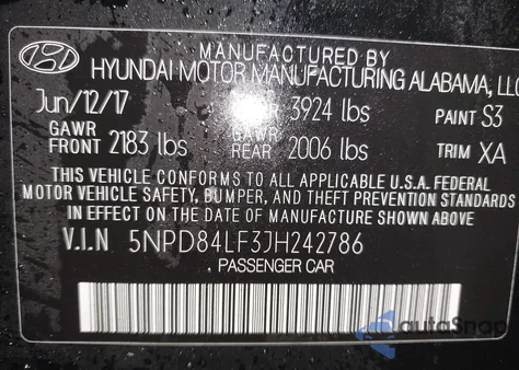 2018 Hyundai Elantra Sel z USA, uszkodzony, nr VIN 5NPD84LF3JH242786